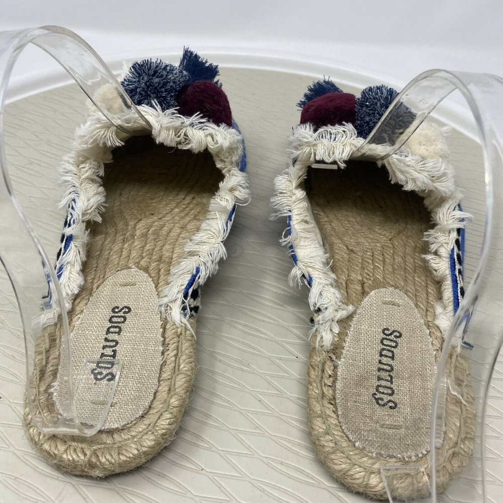Soludos Slip On Shoes 7.5 Pom Pom Mule Blue Frayed Embellished Canvas Vegan - Picture 4 of 10